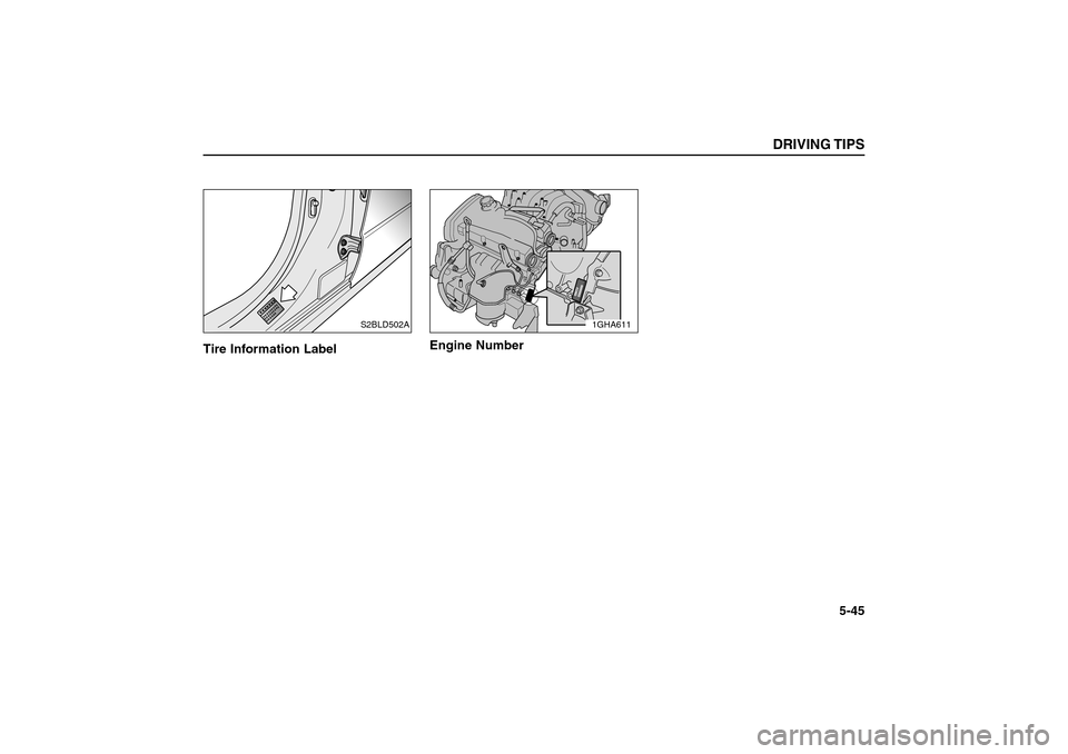 KIA Sorento 2006 1.G Owners Manual Tire Information LabelEngine Number
DRIVING TIPS
5-45
S2BLD502A
1GHA611
BL-ENG (CAN)-5.qxd  7/28/05  5:56 PM  Page 45 