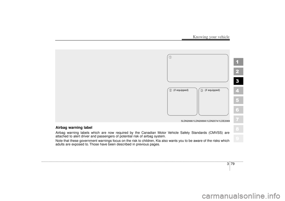 KIA Spectra 2006 2.G Owners Manual 379
1
2
3
4
5
6
7
8
9
Knowing your vehicle
Airbag warning labelAirbag warning labels which are now required by the Canadian Motor Vehicle Safety Standards (CMVSS) are
attached to alert driver and pass