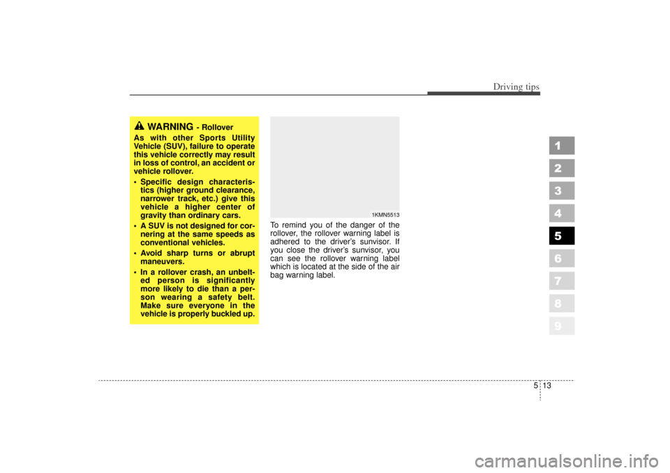 KIA Sportage 2006 JE_ / 2.G Owners Manual 513
Driving tips
1
2
3
4
5
6
7
8
9
To remind you of the danger of the
rollover, the rollover warning label is
adhered to the driver’s sunvisor. If
you close the driver’s sunvisor, you
can see the 