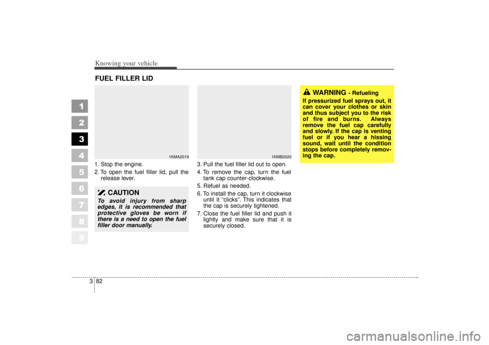 KIA Sportage 2006 JE_ / 2.G Owners Manual Knowing your vehicle82
3
1
2
3
4
5
6
7
8
9
1. Stop the engine.
2. To open the fuel filler lid, pull the
release lever. 3. Pull the fuel filler lid out to open.
4. To remove the cap, turn the fuel
tank KIA Sportage 2006 JE_ / 2.G Owners Manual Knowing your vehicle82
3
1
2
3
4
5
6
7
8
9
1. Stop the engine.
2. To open the fuel filler lid, pull the
release lever. 3. Pull the fuel filler lid out to open.
4. To remove the cap, turn the fuel
tank