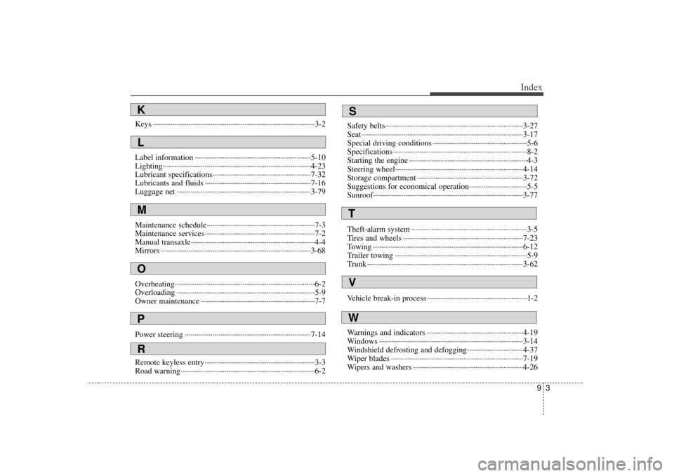 KIA Rio 2007 2.G Owners Manual 93
Index
Keys ··················\
··················\
··················\
··················\
·········3-2
Label inform KIA Rio 2007 2.G Owners Manual 93
Index
Keys ··················\
··················\
··················\
··················\
·········3-2
Label inform