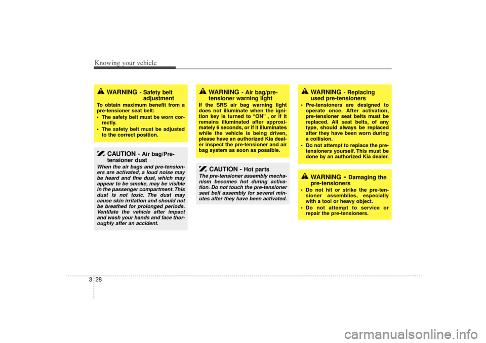 KIA Rio 2007 2.G Owners Manual Knowing your vehicle28
3
CAUTION -
Air bag/Pre-
tensioner dust
When the air bags and pre-tension-
ers are activated, a loud noise may be heard and fine dust, which mayappear to be smoke, may be visib KIA Rio 2007 2.G Owners Manual Knowing your vehicle28
3
CAUTION -
Air bag/Pre-
tensioner dust
When the air bags and pre-tension-
ers are activated, a loud noise may be heard and fine dust, which mayappear to be smoke, may be visib