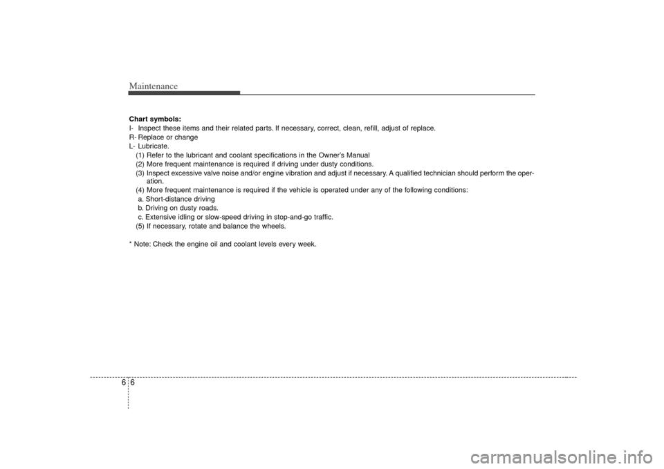 KIA Sedona 2007 2.G Owners Manual Maintenance66Chart symbols:
I- Inspect these items and their related parts. If necessary, correct, clean, refill, adjust of replace.
R- Replace or change
L- Lubricate.(1) Refer to the lubricant and co