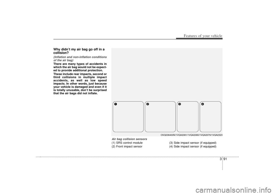 KIA Sedona 2007 2.G Owners Manual 391
Features of your vehicle
Why didn’t my air bag go off in a
collision? (Inflation and non-inflation conditionsof the air bag)There are many types of accidents in
which the air bag would not be ex