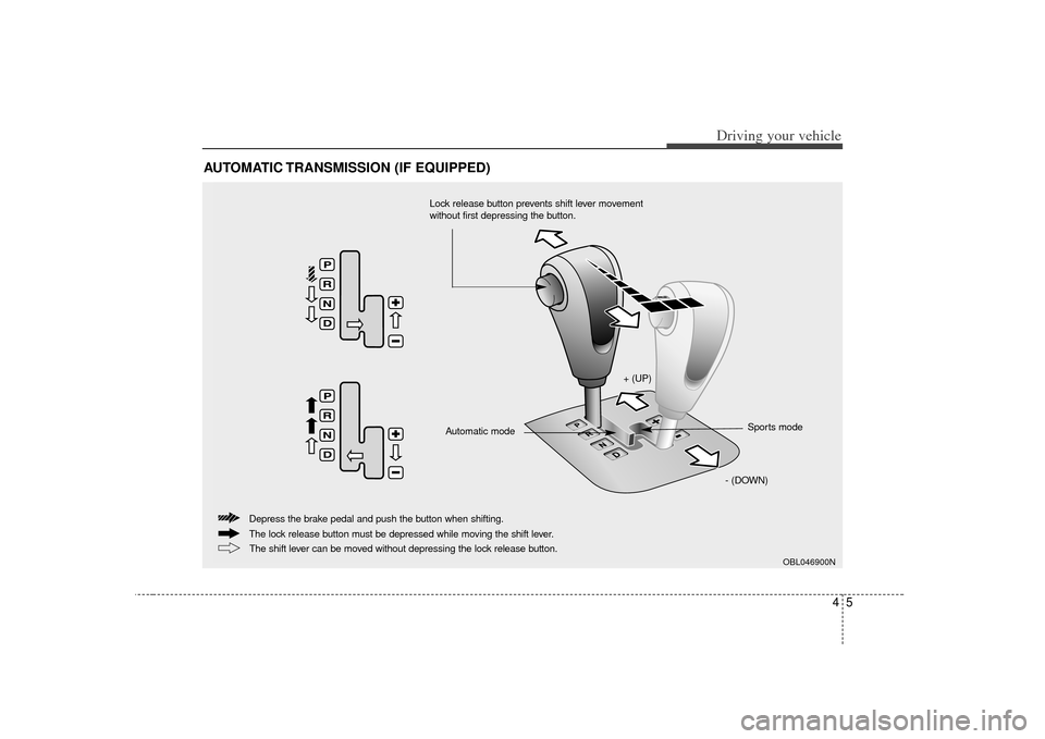 KIA Sorento 2007 1.G Owners Manual 45
Driving your vehicle
AUTOMATIC TRANSMISSION (IF EQUIPPED)
OBL046900N
+ (UP)- (DOWN)Sports mode
Automatic mode
The lock release button must be depressed while moving the shift lever. Depress the bra