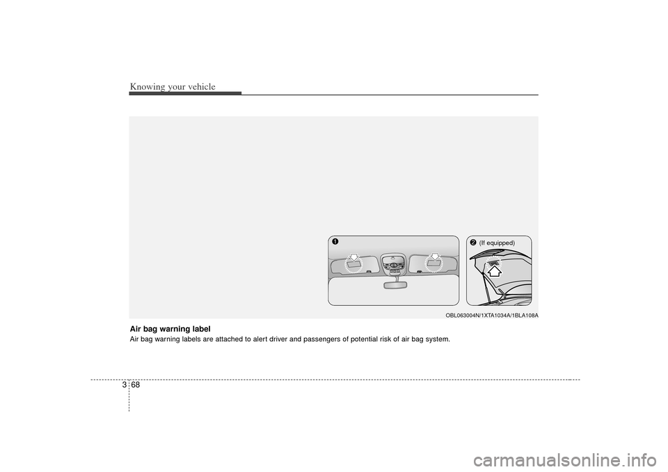 KIA Sorento 2007 1.G Owners Manual Knowing your vehicle68
3Air bag warning labelAir bag warning labels are attached to alert driver and passengers of potential risk of air bag system.
OBL063004N/1XTA1034A/1BLA108A
(If equipped) 