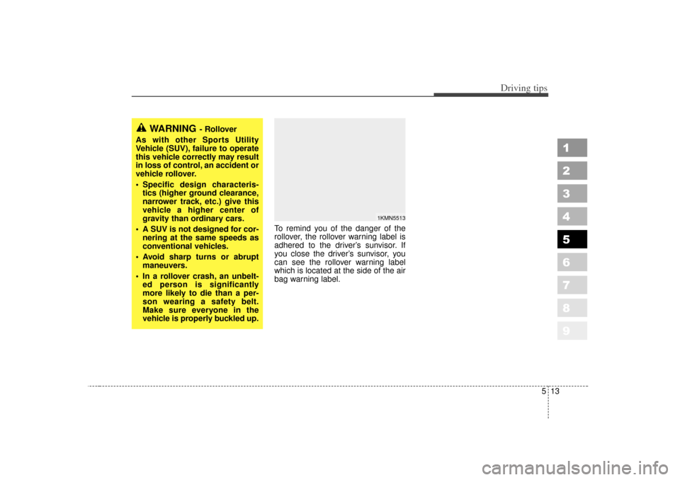 KIA Sportage 2007 JE_ / 2.G Owners Manual 513
Driving tips
1
2
3
4
5
6
7
8
9
To remind you of the danger of the
rollover, the rollover warning label is
adhered to the driver’s sunvisor. If
you close the driver’s sunvisor, you
can see the 