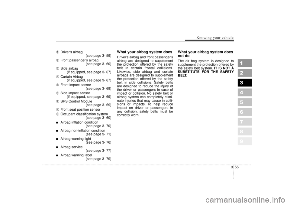 KIA Sportage 2007 JE_ / 2.G Owners Manual 355
1
2
3
4
5
6
7
8
9
Knowing your vehicle
➀
Driver’s airbag(see page 3- 59)
➁
Front passenger’s airbag(see page 3- 60)
➂
Side airbag(if equipped, see page 3- 67)
➃
Curtain Airbag(if equip KIA Sportage 2007 JE_ / 2.G Owners Manual 355
1
2
3
4
5
6
7
8
9
Knowing your vehicle
➀
Driver’s airbag(see page 3- 59)
➁
Front passenger’s airbag(see page 3- 60)
➂
Side airbag(if equipped, see page 3- 67)
➃
Curtain Airbag(if equip