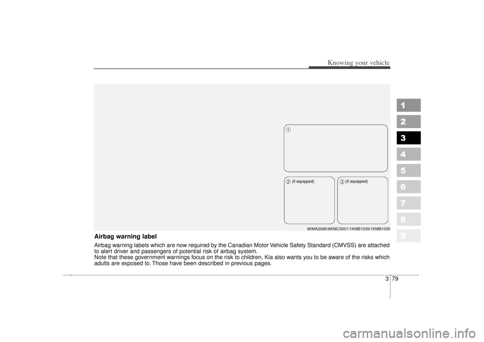 KIA Sportage 2007 JE_ / 2.G Owners Manual 379
1
2
3
4
5
6
7
8
9
Knowing your vehicle
Airbag warning labelAirbag warning labels which are now required by the Canadian Motor Vehicle Safety Standard (CMVSS) are attached
to alert driver and passe