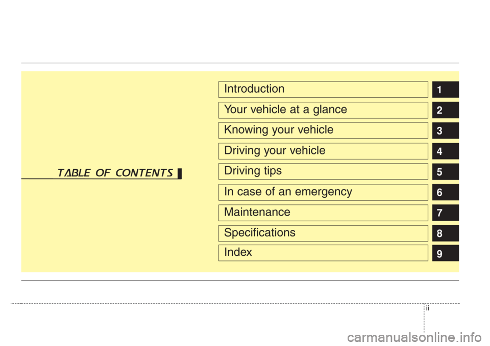 KIA Amanti 2008 1.G Owners Manual ii
1
2
3
4
5
6
7
8
9Introduction
Your vehicle at a glance
Knowing your vehicle
Driving your vehicle
Driving tips
In case of an emergency
Maintenance
Specifications
Index
table of contents  
