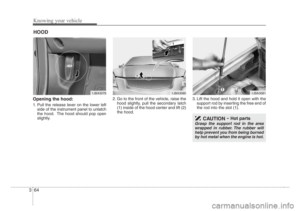 KIA Rio 2008 2.G Owners Manual Knowing your vehicle
64 3
Opening the hood:
1. Pull the release lever on the lower left
side of the instrument panel to unlatch
the hood. The hood should pop open
slightly.2. Go to the front of the ve