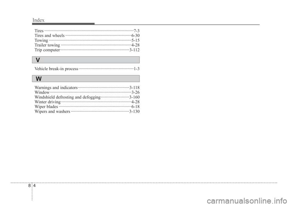 KIA Sedona 2008 2.G Owners Manual Index
4 8
Tires ·················································································7-3
Tires and wheels 