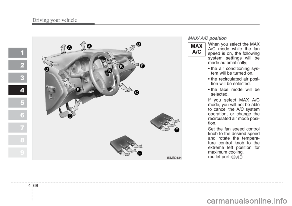 KIA Sportage 2008 JE_ / 2.G Owners Manual Driving your vehicle
68 4
1
2
3
4
5
6
7
8
9
MAX/ A/C position 
When you select the MAX
A/C mode while the fan
speed is on, the following
system settings will be
made automatically;
• the air conditi