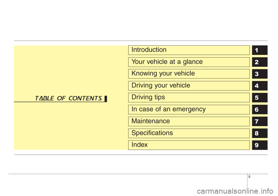 KIA Sportage 2008 JE_ / 2.G Owners Manual ii
1
2
3
4
5
6
7
8
9Introduction
Your vehicle at a glance
Knowing your vehicle
Driving your vehicle
Driving tips
In case of an emergency
Maintenance
Specifications
Index
table of contents  