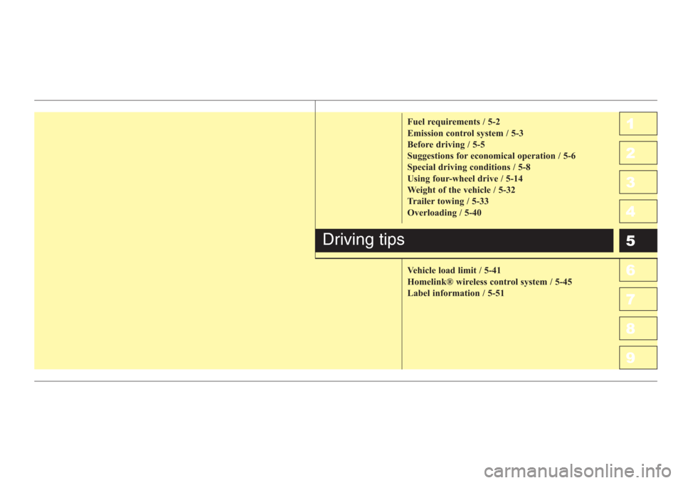 KIA Sportage 2008 JE_ / 2.G Owners Manual 1
2
3
4
5
6
7
8
9Fuel requirements / 5-2
Emission control system / 5-3
Before driving / 5-5
Suggestions for economical operation / 5-6
Special driving conditions / 5-8
Using four-wheel drive / 5-14
We