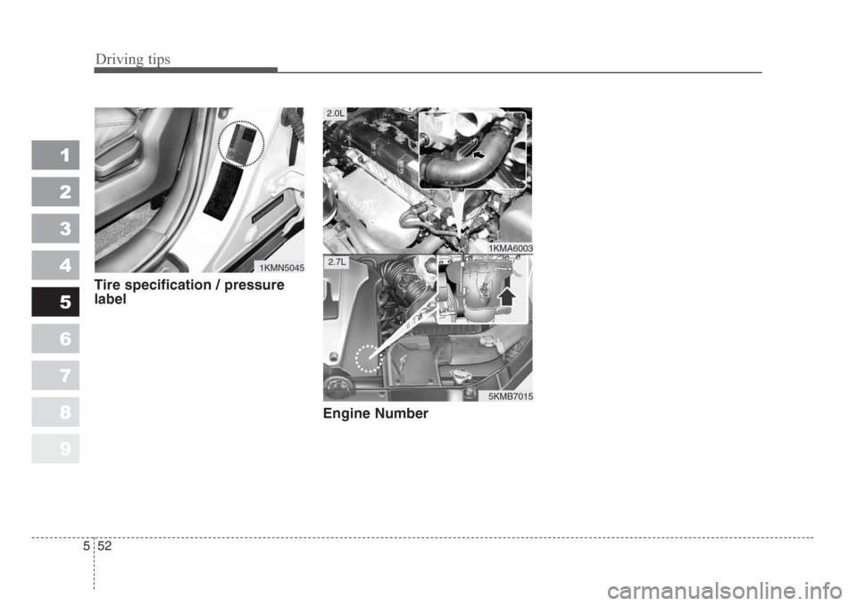 KIA Sportage 2008 JE_ / 2.G Owners Manual Driving tips
52 5
1
2
3
4
5
6
7
8
9
Tire specification / pressure
label
Engine Number
1KMN5045
1KMA6003
5KMB7015
2.0L
2.7L 