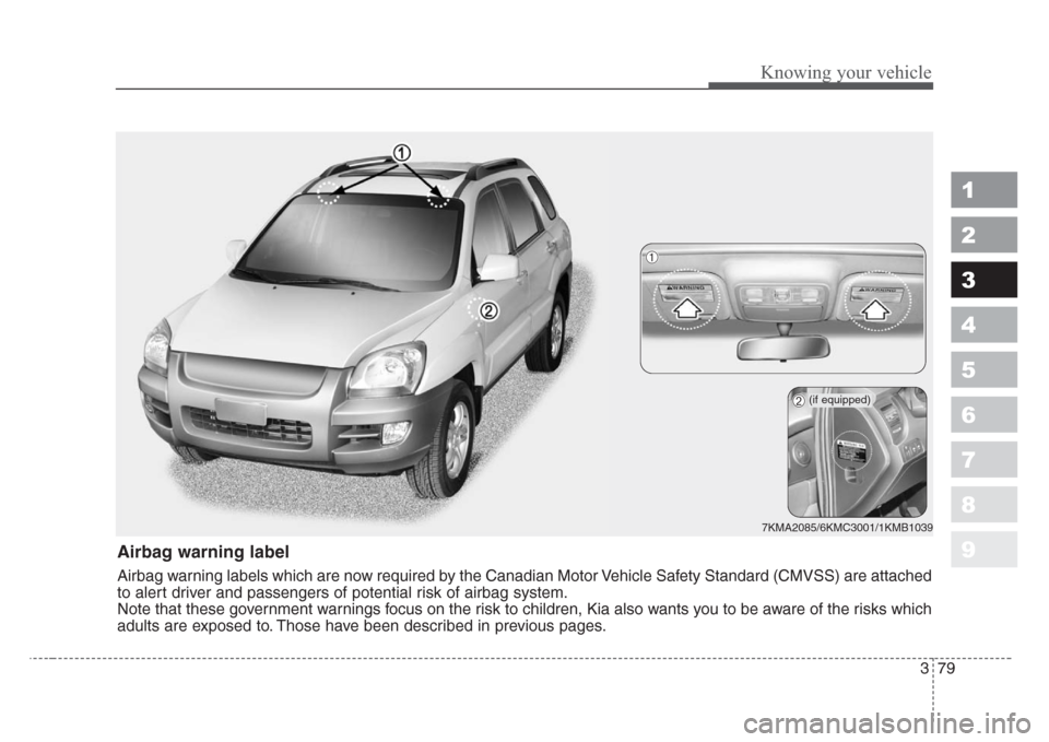KIA Sportage 2008 JE_ / 2.G Owners Manual 379
1
2
3
4
5
6
7
8
9
Knowing your vehicle
Airbag warning label
Airbag warning labels which are now required by the Canadian Motor Vehicle Safety Standard (CMVSS) are attached
to alert driver and pass