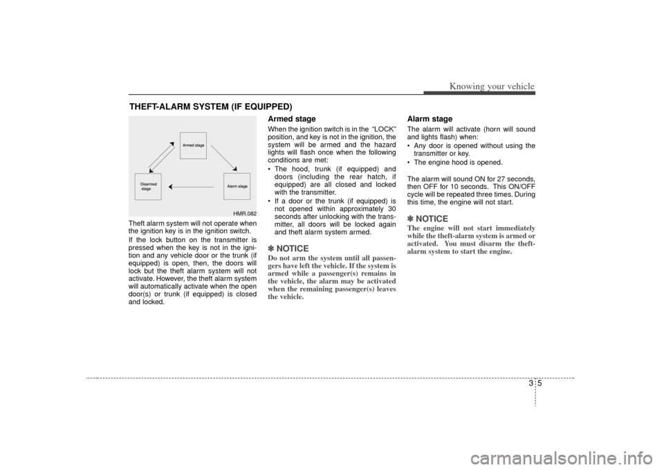 KIA Rio 2009 2.G Owners Manual 35
Knowing your vehicle
Theft alarm system will not operate when
the ignition key is in the ignition switch.
If the lock button on the transmitter is
pressed when the key is not in the igni-
tion and 