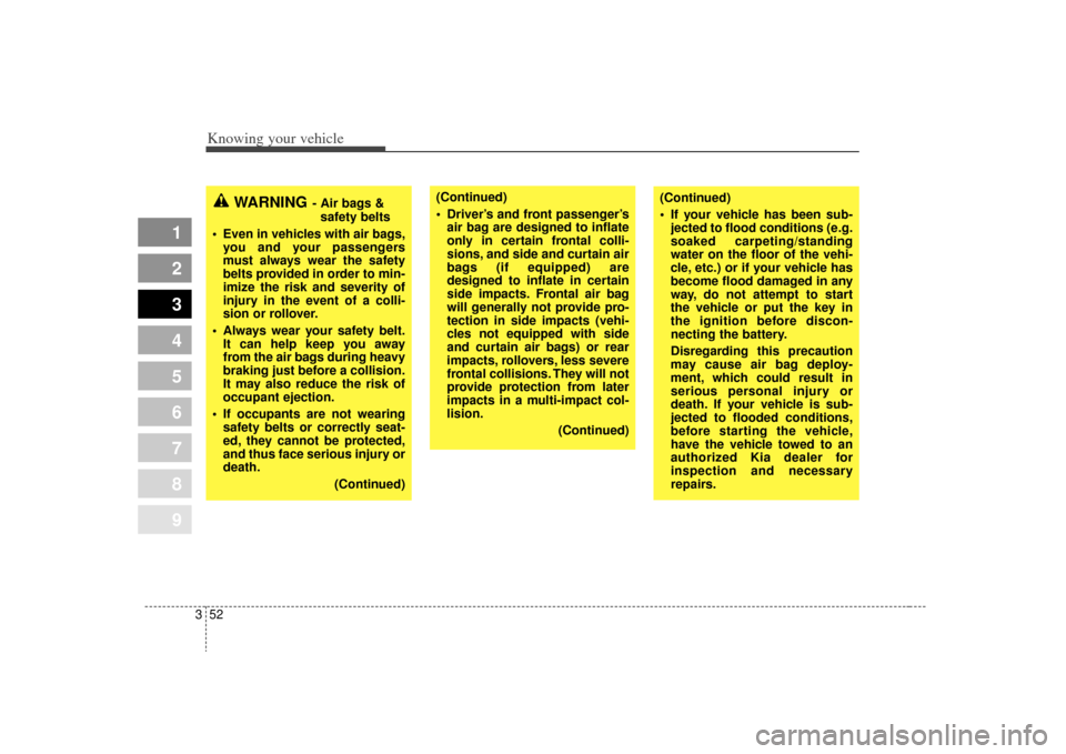 KIA Spectra 2009 2.G Owners Manual Knowing your vehicle52
3
1
2
3
4
5
6
7
8
9
WARNING
- Air bags &
safety belts
Even in vehicles with air bags, you and your passengers
must always wear the safety
belts provided in order to min-
imize KIA Spectra 2009 2.G Owners Manual Knowing your vehicle52
3
1
2
3
4
5
6
7
8
9
WARNING
- Air bags &
safety belts
Even in vehicles with air bags, you and your passengers
must always wear the safety
belts provided in order to min-
imize