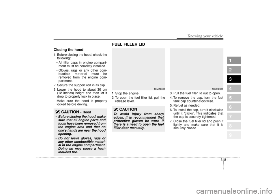 KIA Sportage 2009 JE_ / 2.G Owners Manual 381
1
2
3
4
5
6
7
8
9
Knowing your vehicle
Closing the hood1. Before closing the hood, check thefollowing:
 ment must be correctly installed.
 bustible material must be
removed from the engine com-
pa