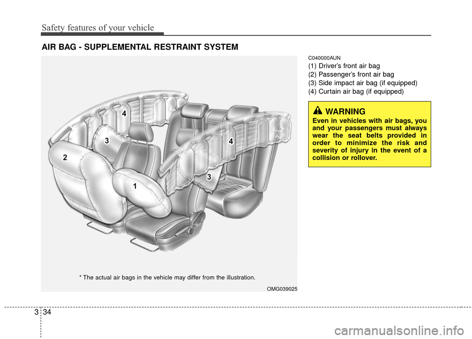 KIA Optima 2010 3.G Owners Manual Safety features of your vehicle
34
3
C040000AUN
(1) Driver’s front air bag
(2) Passenger’s front air bag
(3) Side impact air bag (if equipped) 
(4) Curtain air bag (if equipped)
AIR BAG - SUPPLEME