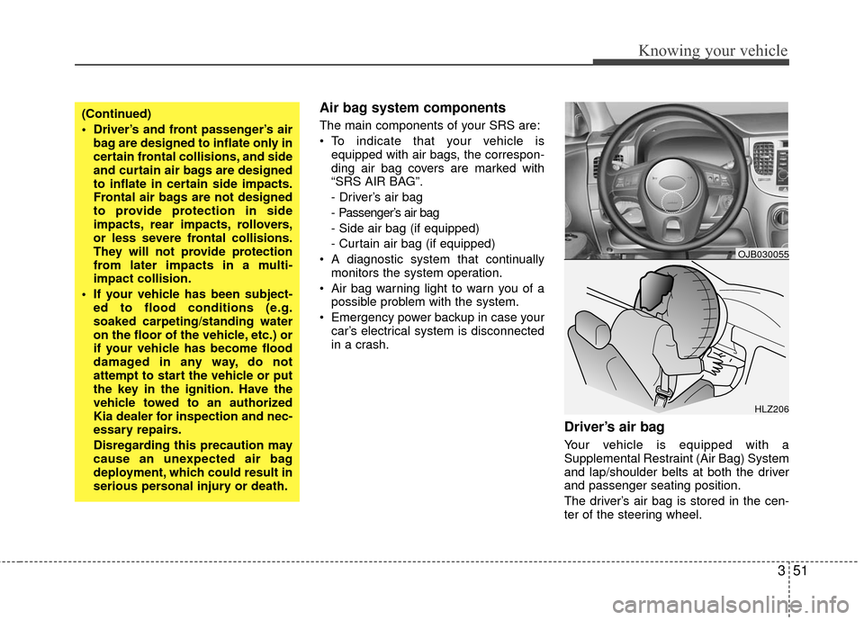 KIA Rio 2010 2.G Owners Manual 351
Knowing your vehicle
Air bag system components  
The main components of your SRS are:
 To indicate that your vehicle isequipped with air bags, the correspon-
ding air bag covers are marked with
