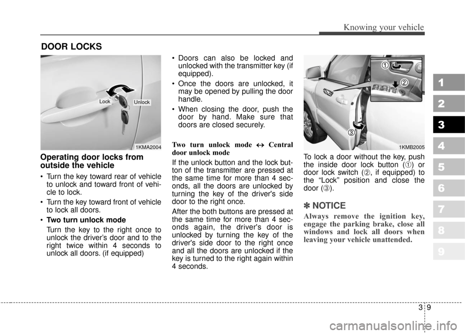 KIA Sportage 2010 SL / 3.G Owners Manual 39
Knowing your vehicle
1
2
3
4
5
6
7
8
9
Operating door locks from
outside the vehicle
Turn the key toward rear of vehicleto unlock and toward front of vehi-
cle to lock.
Turn the key toward front KIA Sportage 2010 SL / 3.G Owners Manual 39
Knowing your vehicle
1
2
3
4
5
6
7
8
9
Operating door locks from
outside the vehicle
Turn the key toward rear of vehicleto unlock and toward front of vehi-
cle to lock.
Turn the key toward front