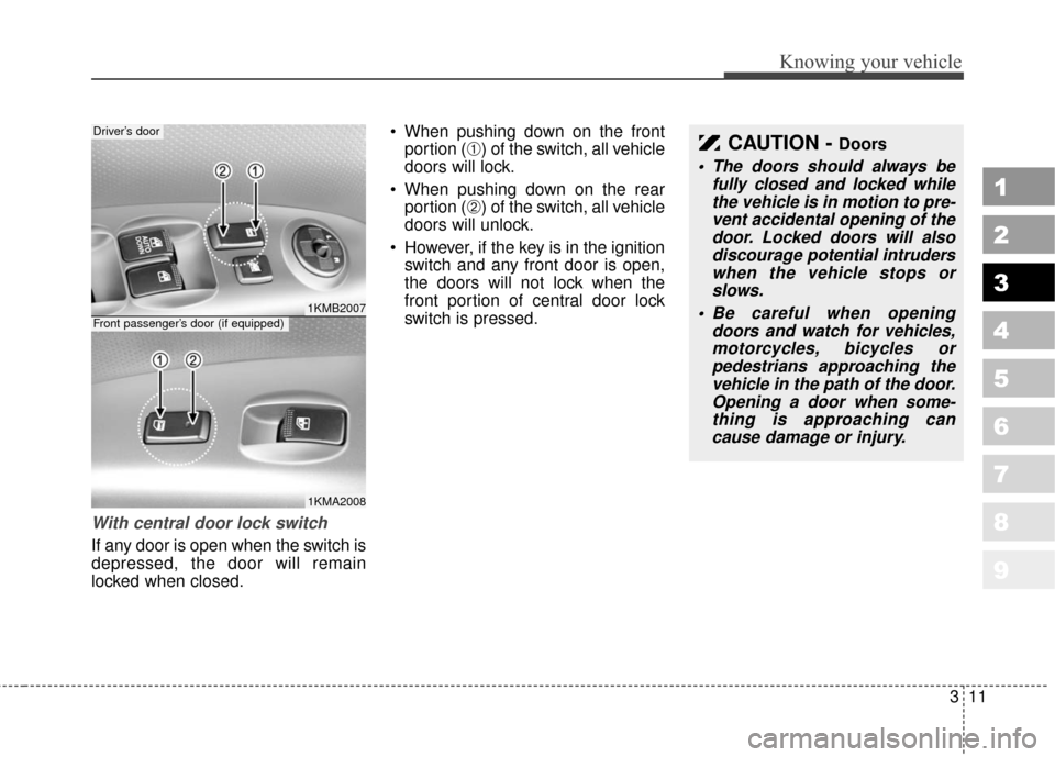 KIA Sportage 2010 SL / 3.G Owners Manual 311
Knowing your vehicle
1
2
3
4
5
6
7
8
9
With central door lock switch
If any door is open when the switch is
depressed, the door will remain
locked when closed. When pushing down on the front
porti KIA Sportage 2010 SL / 3.G Owners Manual 311
Knowing your vehicle
1
2
3
4
5
6
7
8
9
With central door lock switch
If any door is open when the switch is
depressed, the door will remain
locked when closed. When pushing down on the front
porti