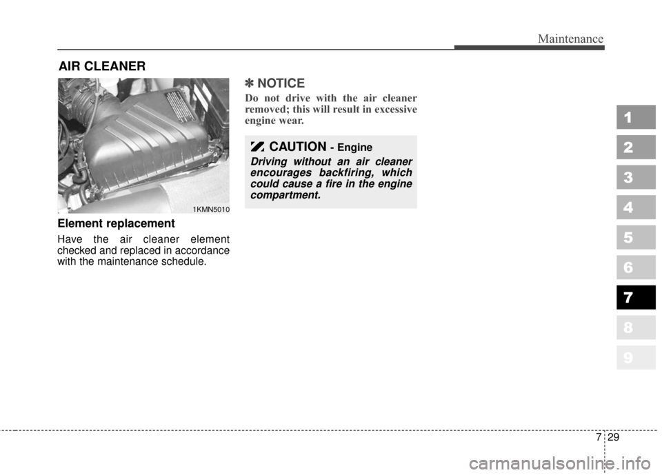 KIA Sportage 2010 SL / 3.G Owners Manual 729
Maintenance
1
2
3
4
5
6
7
8
9
AIR CLEANER 
Element replacement  
Have the air cleaner element
checked and replaced in accordance
with the maintenance schedule.
✽ ✽NOTICE
Do not drive with the 