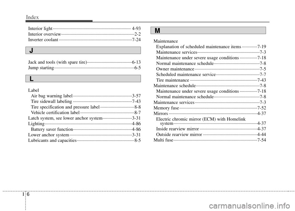 KIA Optima Hybrid 2011 3.G Owners Manual Index
6I
Interior light ··················\
··················\
··················\
············ 4-93
Interior overview·······