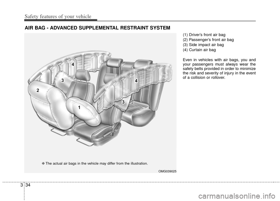 KIA Optima Hybrid 2011 3.G Owners Manual Safety features of your vehicle
34
3
(1) Driver’s front air bag
(2) Passenger’s front air bag
(3) Side impact air bag
(4) Curtain air bag
Even in vehicles with air bags, you and
your passengers mu