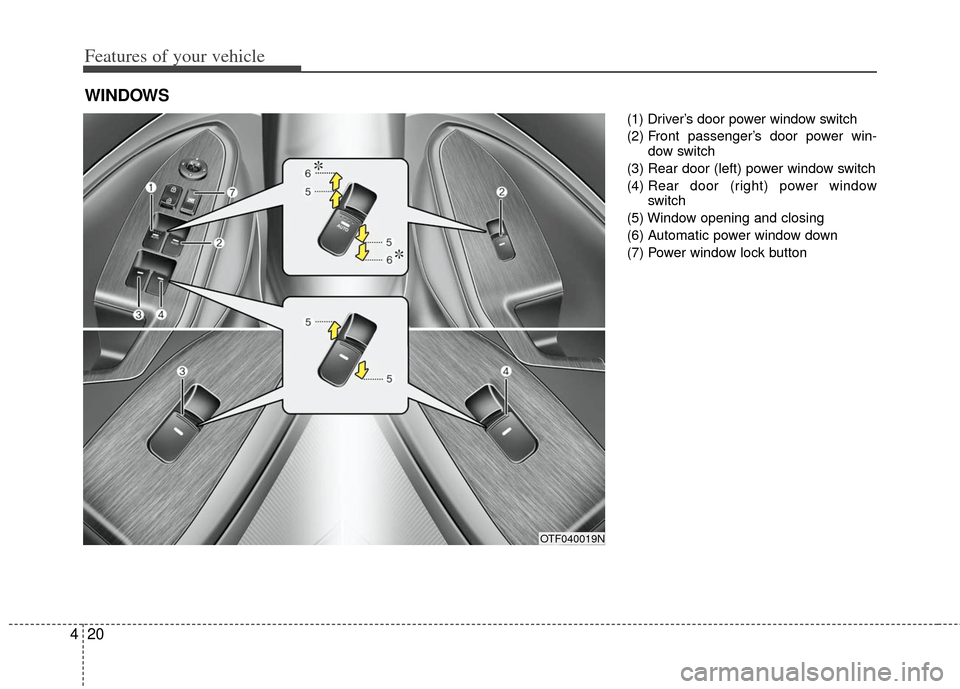 KIA Optima Hybrid 2011 3.G Owners Manual Features of your vehicle
20
4
(1) Driver’s door power window switch
(2) Front passenger’s door power win-
dow switch
(3) Rear door (left) power window switch
(4)  Rear door (right) power window
sw