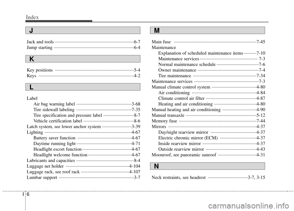 KIA Sportage 2011 SL / 3.G Owners Manual Index
6I
Jack and tools ··················\
··················\
··················\
·············6-7
Jump starting ········· KIA Sportage 2011 SL / 3.G Owners Manual Index
6I
Jack and tools ··················\
··················\
··················\
·············6-7
Jump starting ·········