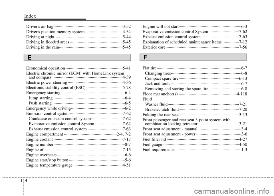 KIA Optima 2012 3.G Owners Manual Index
4I
Drivers air bag··················\
··················\
··················\
·········3-52
Drivers position memory system ···