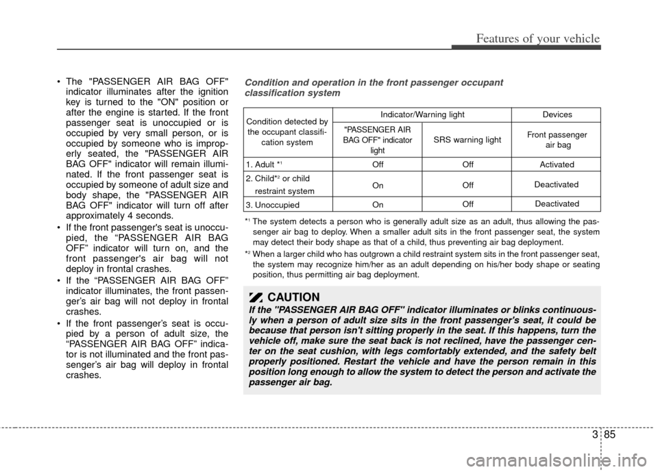 KIA Sedona 2012 2.G Owners Manual 385
Features of your vehicle
The "PASSENGER AIR BAG OFF"indicator illuminates after the ignition
key is turned to the "ON" position or
after the engine is started. If the front
passenger seat is unoc KIA Sedona 2012 2.G Owners Manual 385
Features of your vehicle
The "PASSENGER AIR BAG OFF"indicator illuminates after the ignition
key is turned to the "ON" position or
after the engine is started. If the front
passenger seat is unoc