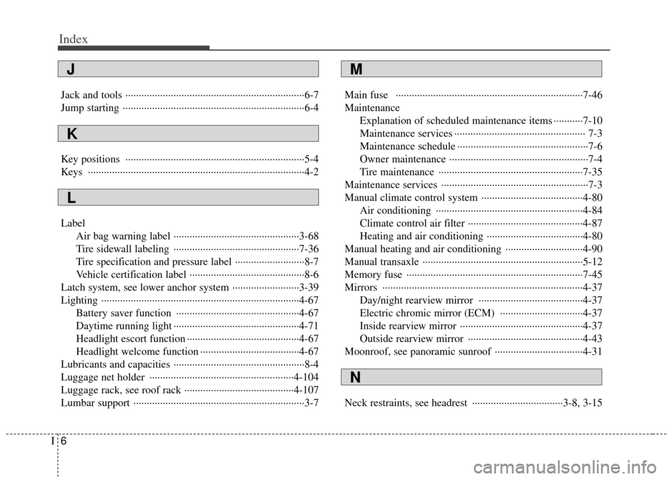 KIA Sportage 2012 SL / 3.G Owners Manual Index
6I
Jack and tools ··················\
··················\
··················\
·············6-7
Jump starting ·········