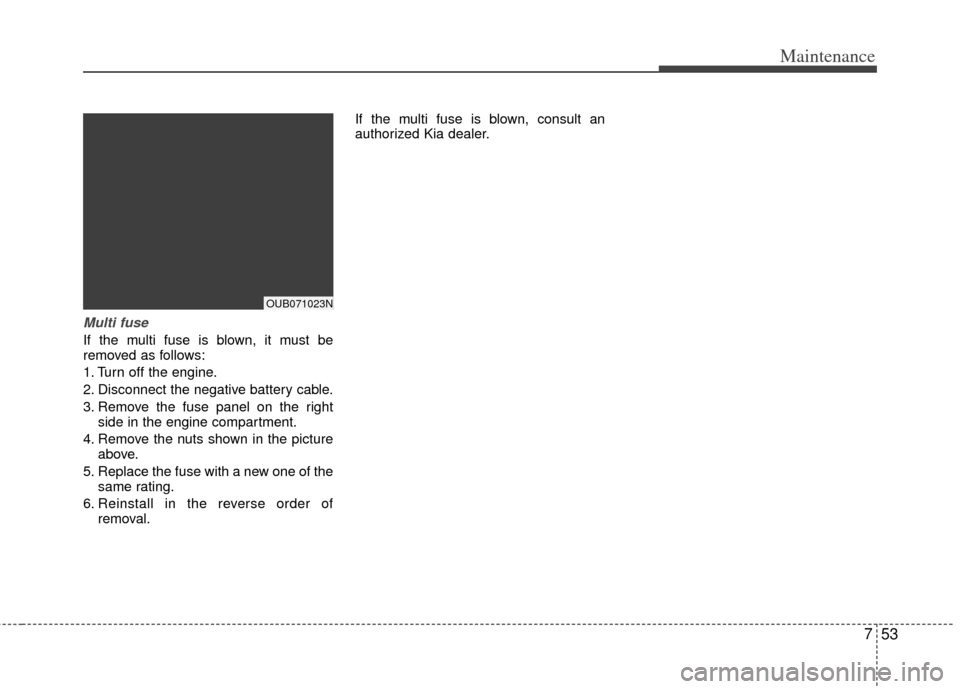 KIA Rio 2013 3.G Owners Manual 753
Maintenance
Multi fuse
If the multi fuse is blown, it must be
removed as follows:
1. Turn off the engine.
2. Disconnect the negative battery cable.
3. Remove the fuse panel on the rightside in the