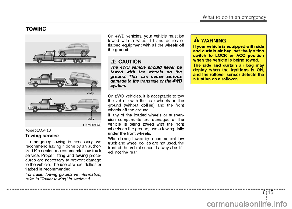 KIA Sportage 2013 SL / 3.G Owners Manual 615
What to do in an emergency
TOWING
F080100AAM-EU
Towing service
If emergency towing is necessary, we
recommend having it done by an author-
ized Kia dealer or a commercial tow-truck
service. Proper KIA Sportage 2013 SL / 3.G Owners Manual 615
What to do in an emergency
TOWING
F080100AAM-EU
Towing service
If emergency towing is necessary, we
recommend having it done by an author-
ized Kia dealer or a commercial tow-truck
service. Proper
