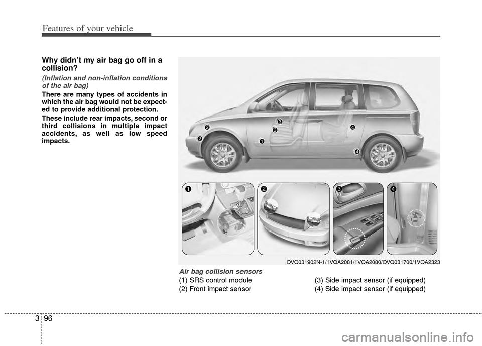 KIA Sedona 2014 3.G Owners Manual Features of your vehicle
96
3
Why didn’t my air bag go off in a
collision? 
(Inflation and non-inflation conditions
of the air bag)
There are many types of accidents in
which the air bag would not b