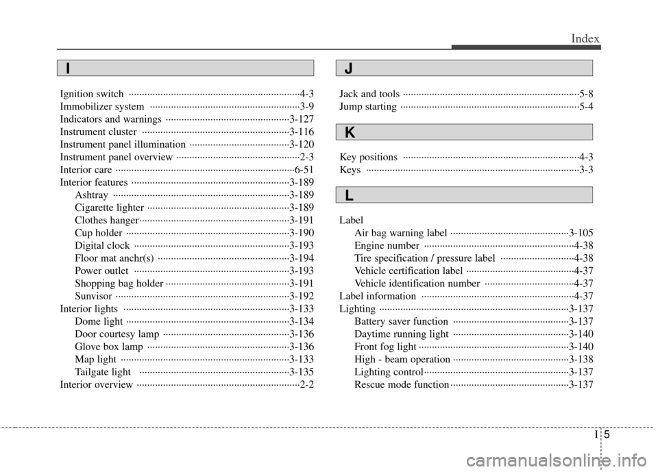 KIA Sedona 2014 3.G Owners Manual I5
Index
Ignition switch  ··················\
··················\
··················\
···········4-3
Immobilizer system  ·······