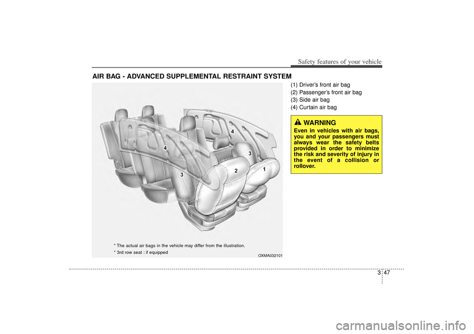 KIA Sorento 2014 3.G Owners Manual 347
Safety features of your vehicle
(1) Driver’s front air bag
(2) Passenger’s front air bag
(3) Side air bag
(4) Curtain air bag
AIR BAG - ADVANCED SUPPLEMENTAL RESTRAINT SYSTEM 
WARNING
Even in 