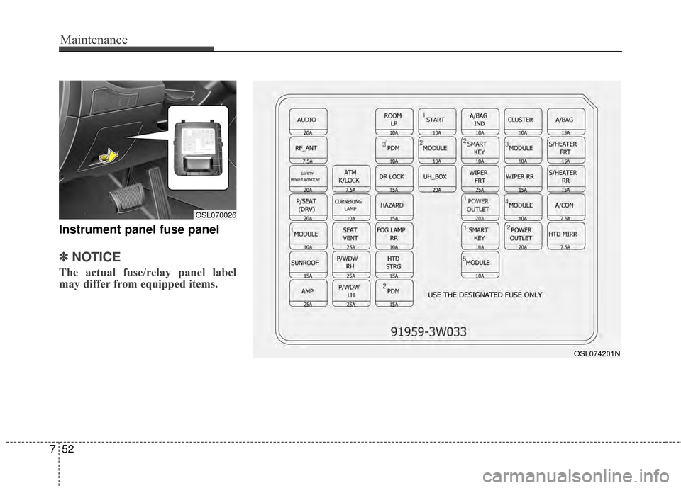 KIA Sportage 2014 SL / 3.G Owners Manual Maintenance
52
7
Instrument panel fuse panel
✽
✽
NOTICE
The actual fuse/relay panel label
may differ from equipped items.
OSL070026
OSL074201N 