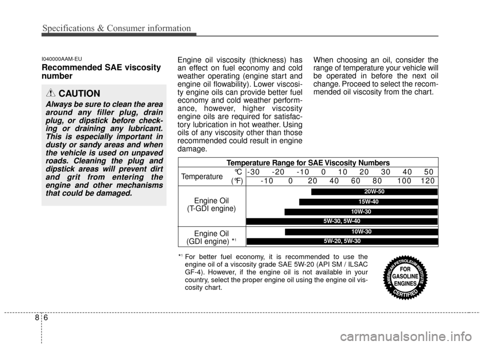 KIA Sportage 2014 SL / 3.G Owners Manual Temperature Range for SAE Viscosity Numbers
68
Specifications & Consumer information
I040000AAM-EU
Recommended SAE viscosity
number
Engine oil viscosity (thickness) has
an effect on fuel economy and c KIA Sportage 2014 SL / 3.G Owners Manual Temperature Range for SAE Viscosity Numbers
68
Specifications & Consumer information
I040000AAM-EU
Recommended SAE viscosity
number
Engine oil viscosity (thickness) has
an effect on fuel economy and c