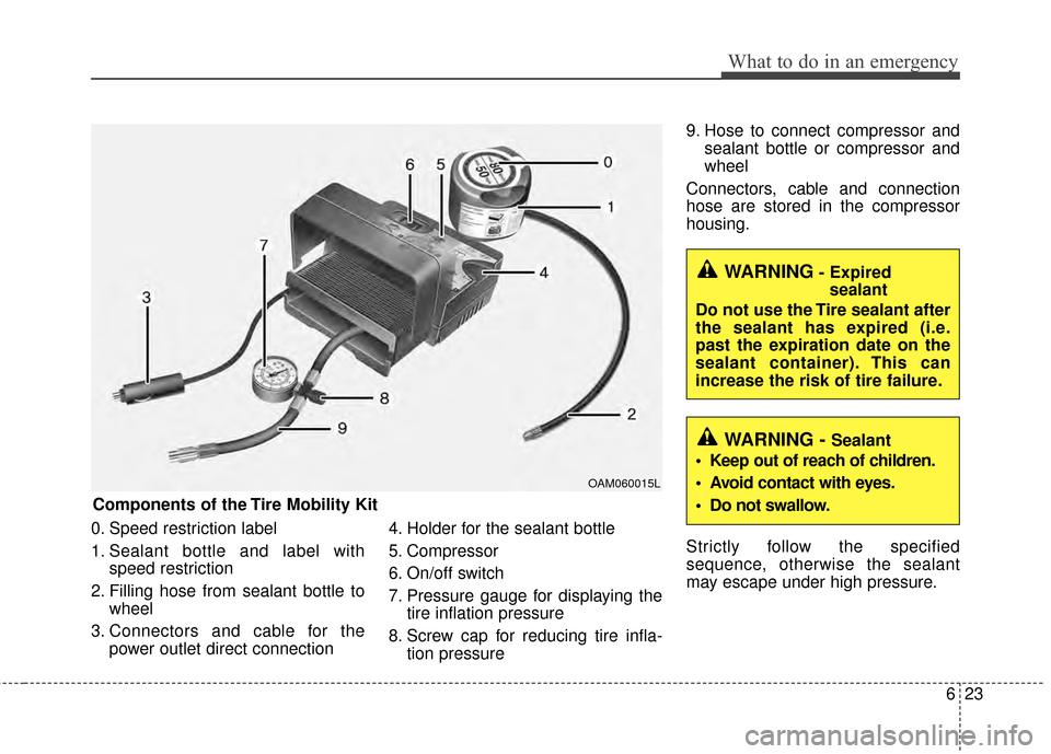 KIA Rio 2015 3.G Owners Manual 623
What to do in an emergency
0. Speed restriction label
1. Sealant bottle and label withspeed restriction
2. Filling hose from sealant bottle to wheel
3. Connectors and cable for the power outlet di