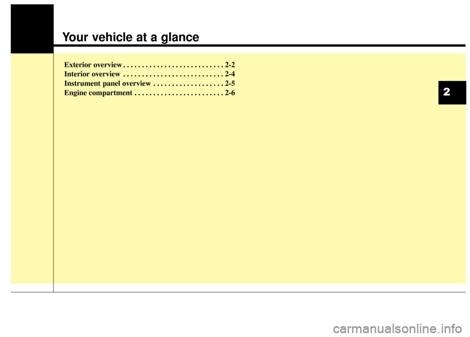 KIA Soul 2015 2.G Owners Manual Your vehicle at a glance
Exterior overview . . . . . . . . . . . . . . . . . . . . . . . . . . . 2-2
Interior overview . . . . . . . . . . . . . . . . . . . . . . . . . . . 2-4
Instrument panel overvi