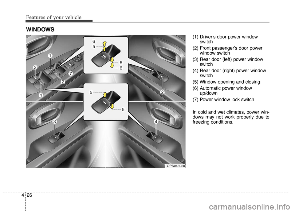 KIA Soul 2015 2.G Owners Manual Features of your vehicle
26
4
(1) Driver’s door power window
switch
(2) Front passenger’s door power window switch
(3) Rear door (left) power window switch
(4) Rear door (right) power window switc