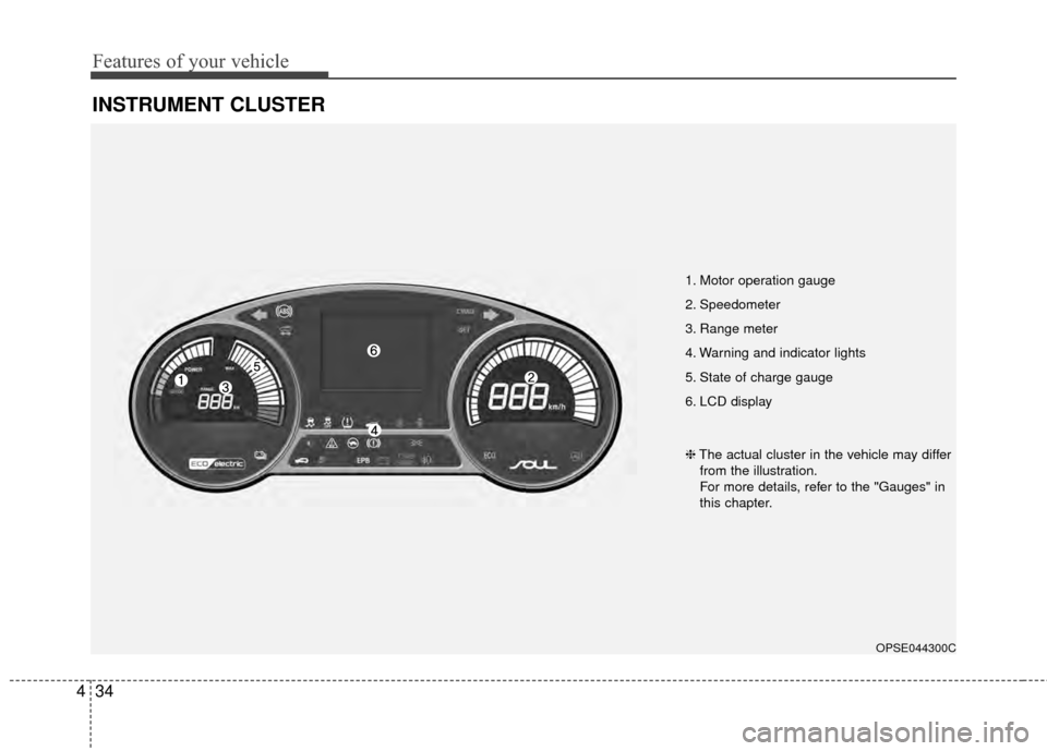 KIA Soul EV 2015 2.G Owners Manual Features of your vehicle
34
4
INSTRUMENT CLUSTER
1. Motor operation gauge
2. Speedometer
3. Range meter
4. Warning and indicator lights
5. State of charge gauge
6. LCD display
OPSE044300C
❈ The actu