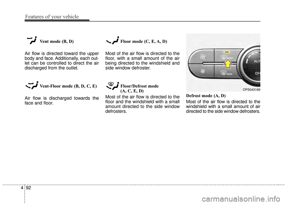 KIA Soul EV 2015 2.G Owners Manual Features of your vehicle
92
4
Vent mode (B, D)
Air flow is directed toward the upper
body and face. Additionally, each out-
let can be controlled to direct the air
discharged from the outlet.
Vent-Flo