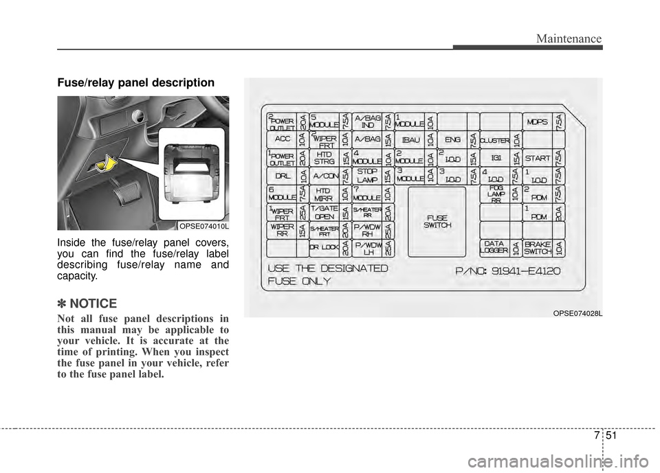 KIA Soul EV 2015 2.G Owners Manual 751
Maintenance
Fuse/relay panel description
Inside the fuse/relay panel covers,
you can find the fuse/relay label
describing fuse/relay name and
capacity.
✽ ✽NOTICE
Not all fuse panel description