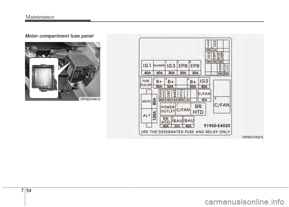 KIA Soul EV 2015 2.G Owners Manual Maintenance
54
7
Motor compartment fuse panel
OPSE074012
OPSE074027L 